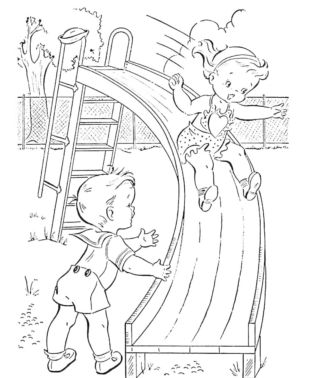 Раскраска Дети играют на горке с лестницей на детской площадке