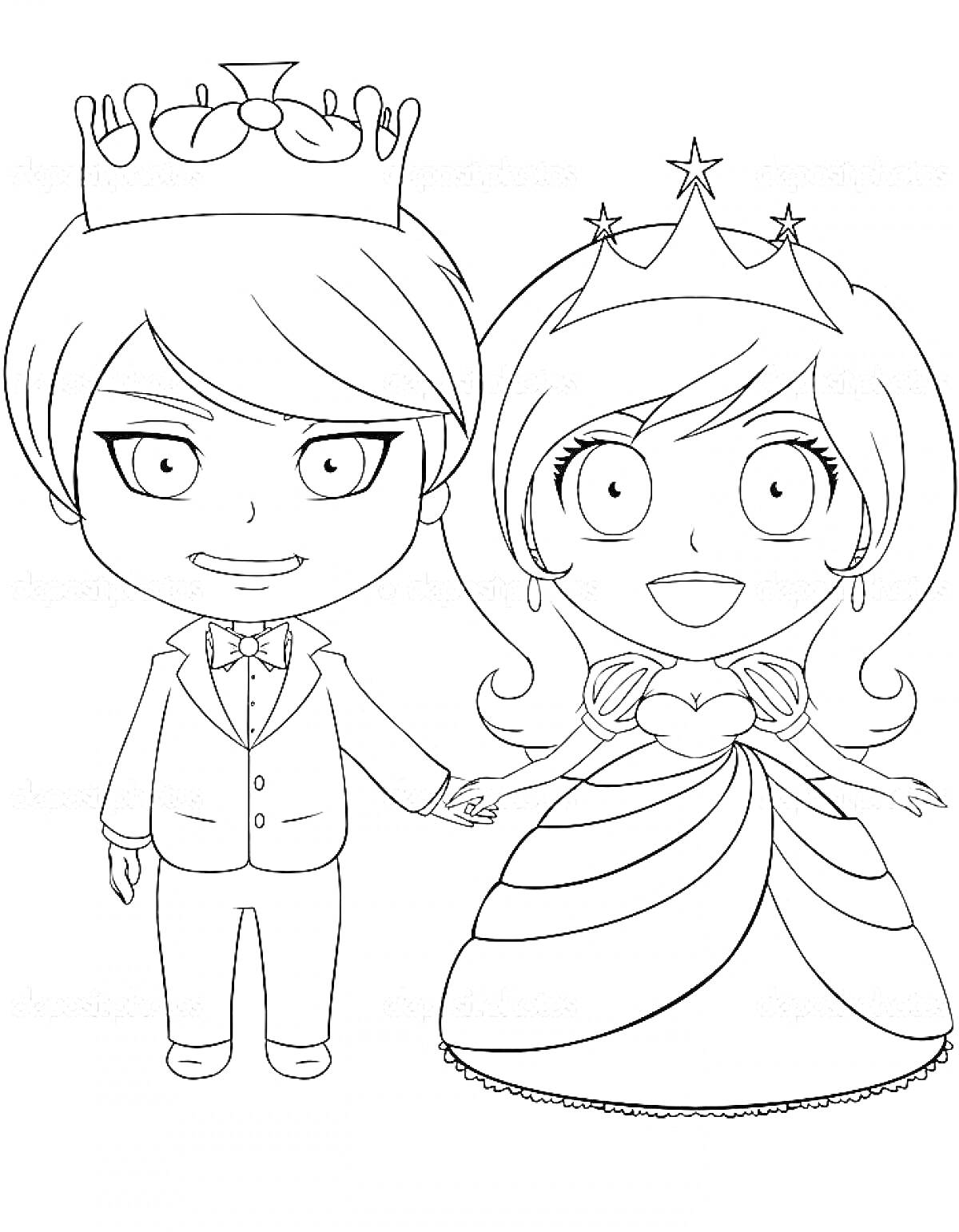 Принц и принцесса, держащиеся за руки, в короне и тиаре, принц в костюме, принцесса в платье с рюшами