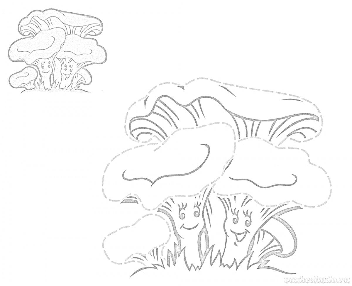 Раскраска Раскраска с тремя грибами лисичками с улыбающимися лицами и одной недостающей частью шляпки, фоном из травы