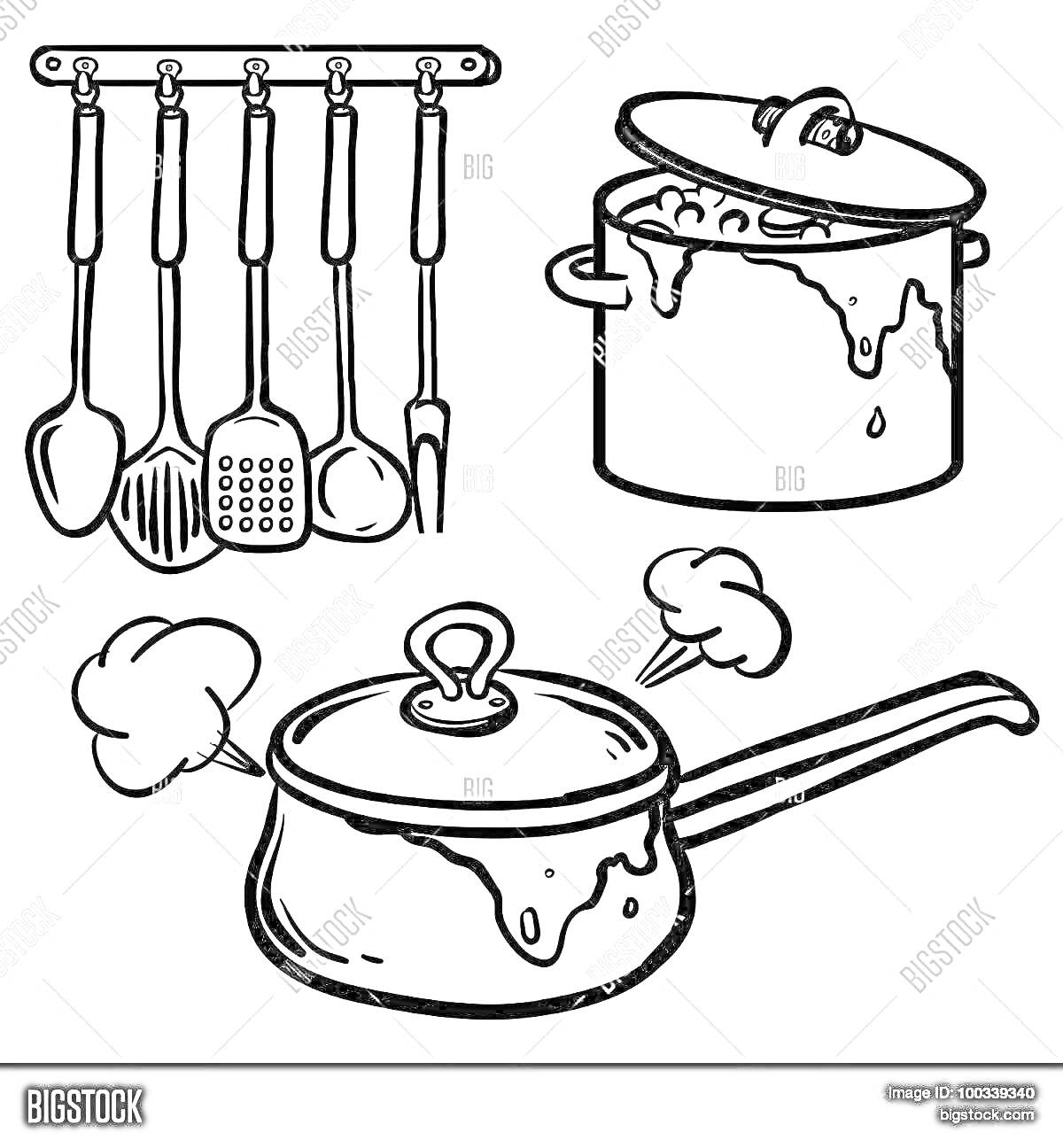 Раскраска Половник и кухонная утварь на крючках, кастрюля с супом, кипящая кастрюля с длинной ручкой