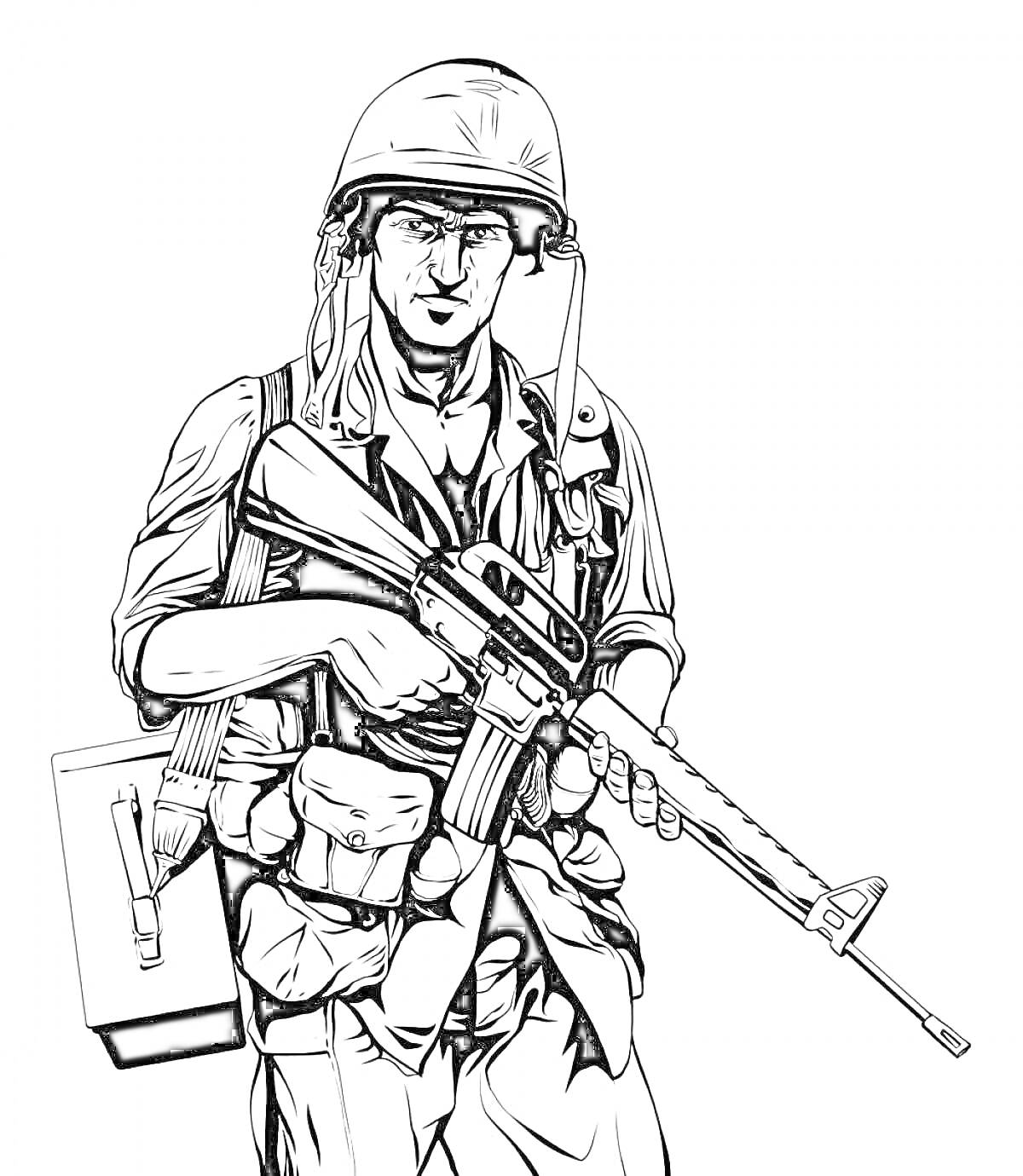 Раскраска Солдат в каске с автоматом и патронной сумкой