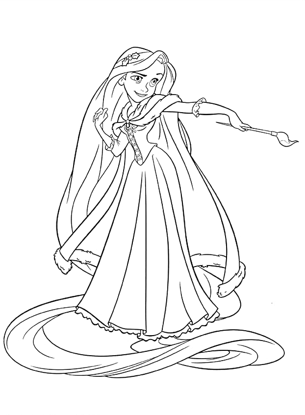 Раскраска Рапунцель с длинными волосами и кисточкой в руке