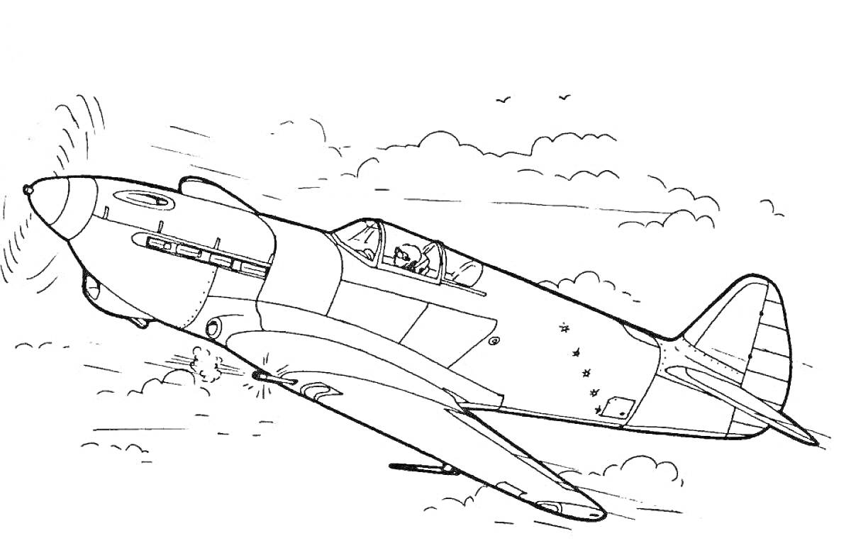 На раскраске изображено: Истребитель, Полет, Облака, Для детей, Авиация