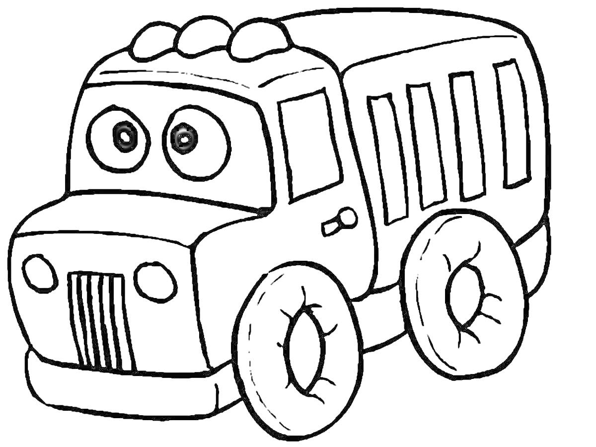 На раскраске изображено: Транспорт, Колёса, Большие глаза, Детский транспорт, Мультипликационный стиль