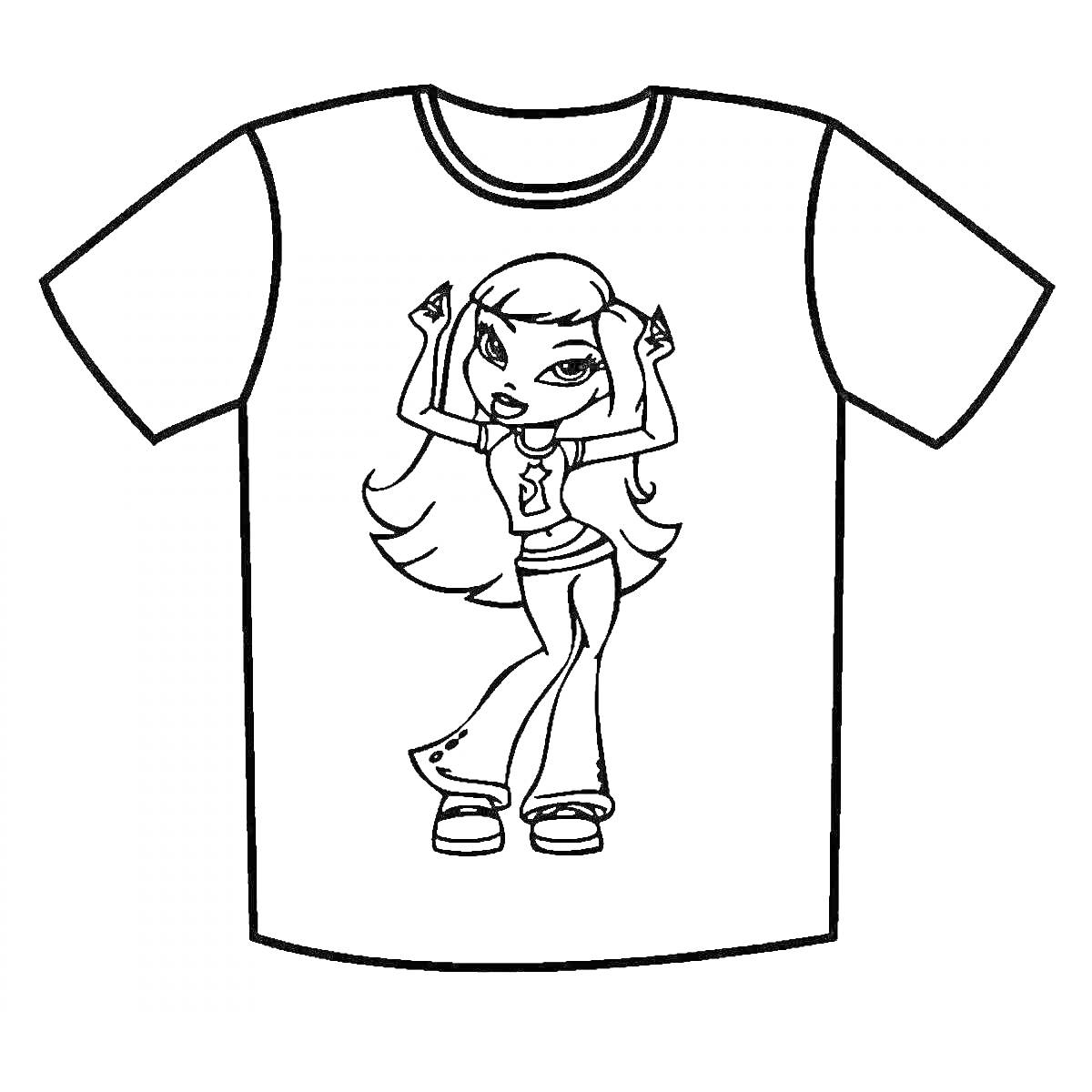 Раскраска Раскраска футболка с танцующей девочкой в широких брюках и обуви на платформе