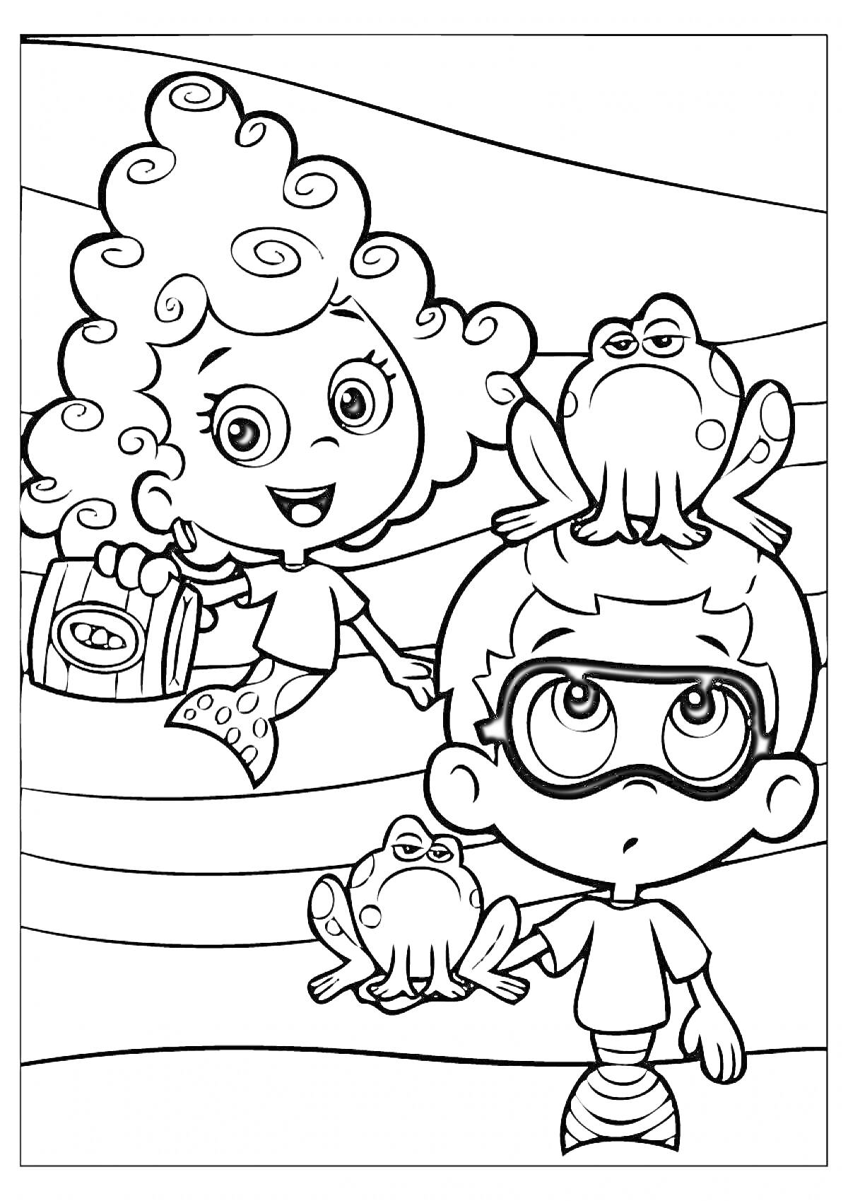 Раскраска Девочка и мальчик из мультфильма держат лягушек на воде
