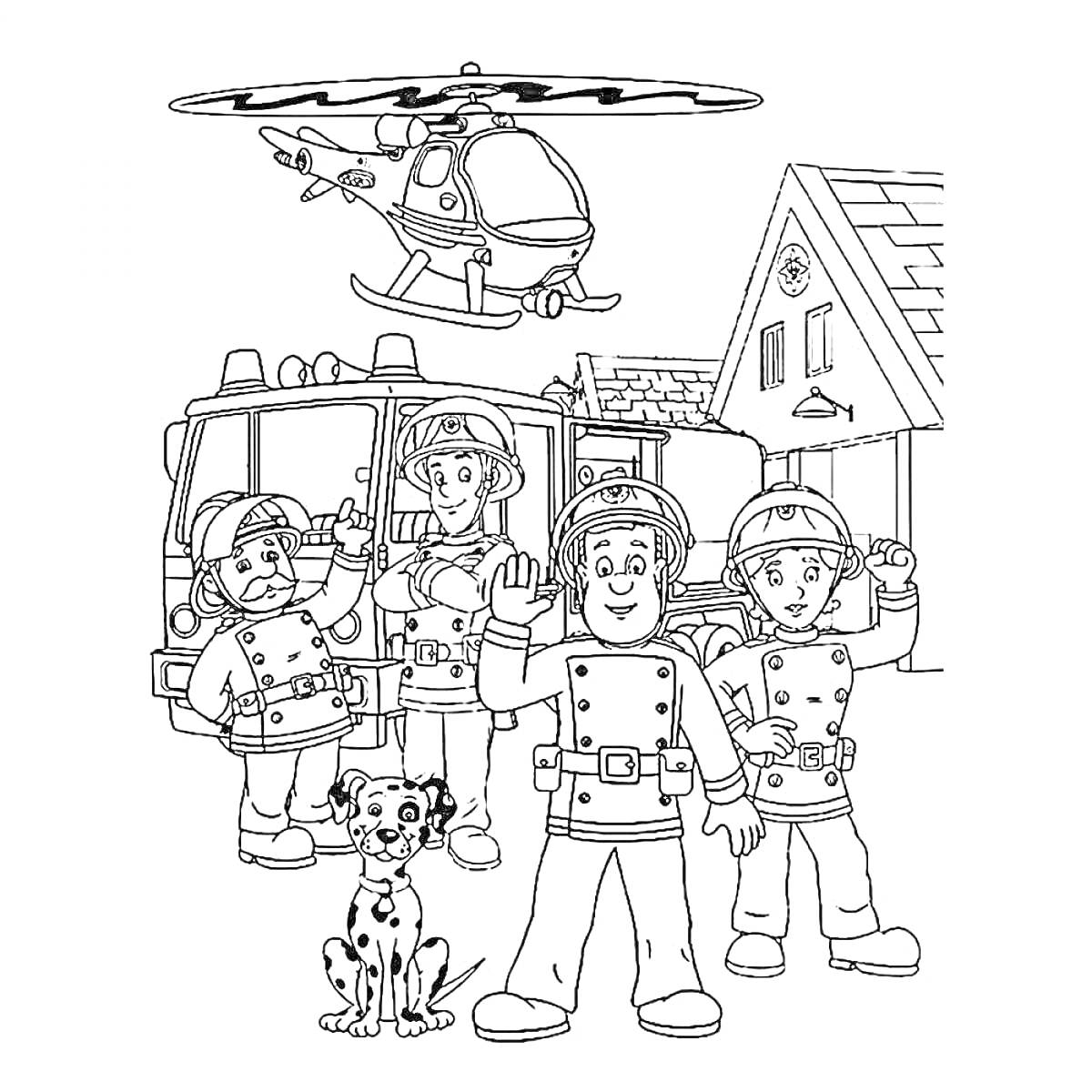 Раскраска Пожарные и спасательные работы с вертолетом, пожарной машиной, собакой и домом