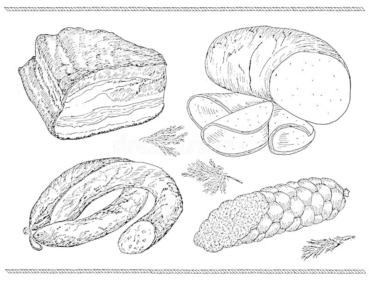 Ассорти мясных продуктов с беконом, ветчиной, колбасой и вяленым мясом