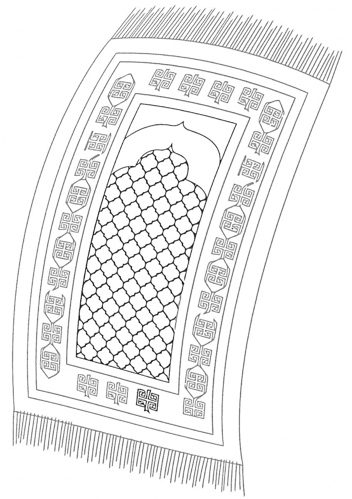 Раскраска Коврик с орнаментом, центральная часть с узорами в виде ромбов, окантовка с геометрическими фигурами, бахрома по краям