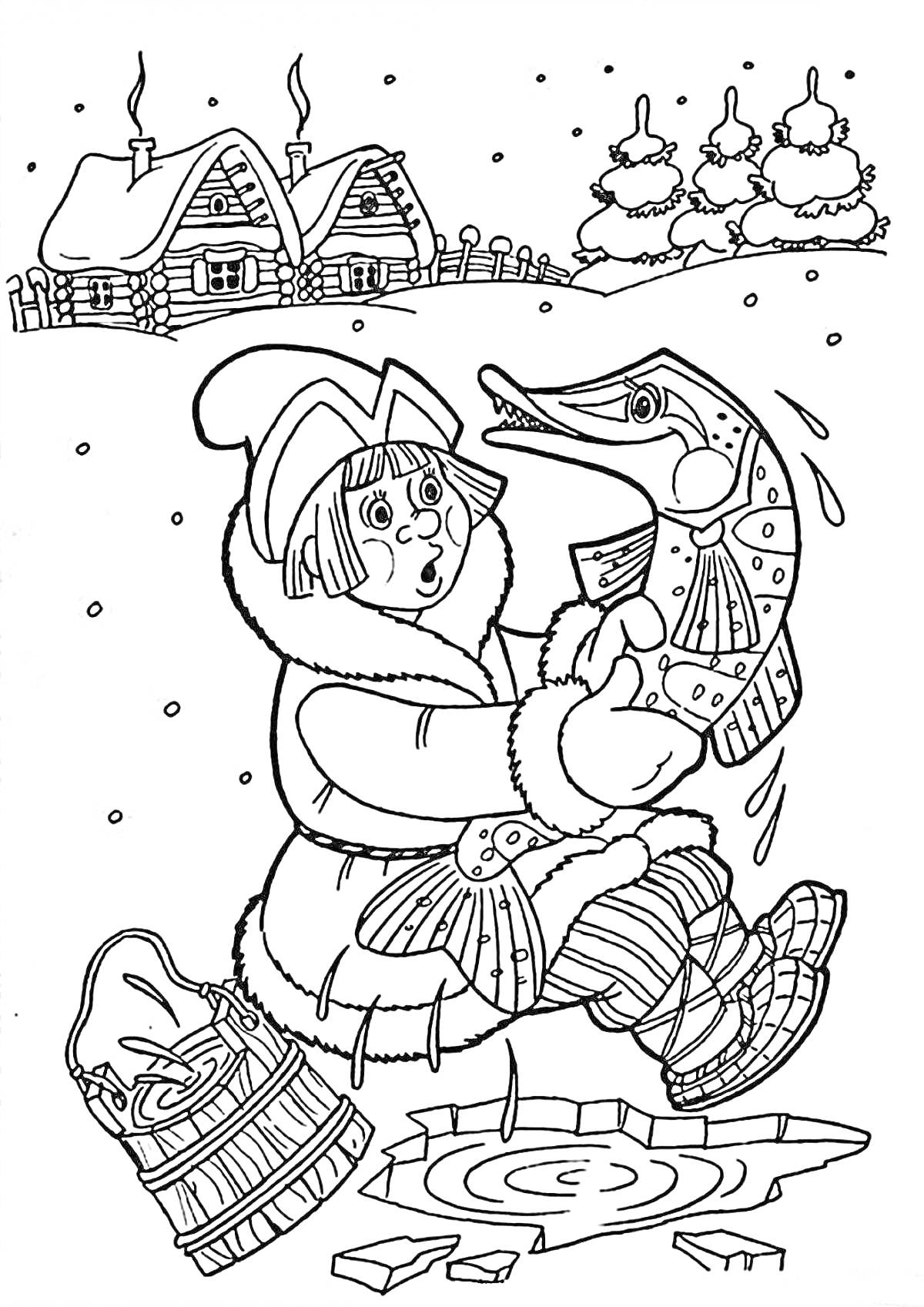 Мальчик в зимней одежде отпускает щуку в прорубь, корзинка на льду, снег, избы с трубами из которых идет дым на заднем плане, заснеженные елки