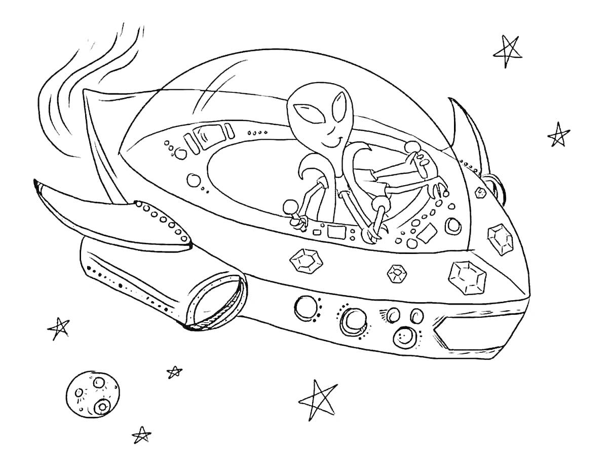Раскраска Инопланетянин в космическом корабле в космосе
