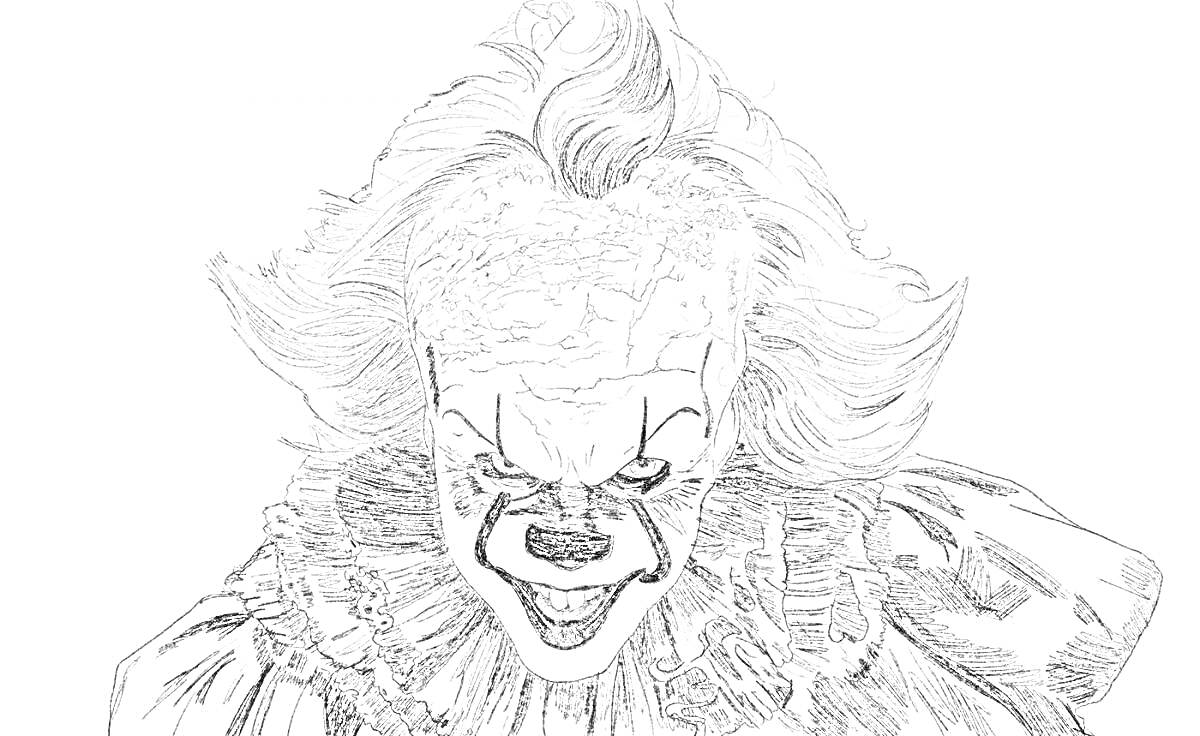 Раскраска Монстр-клоун с гримасой и развевающимися волосами в костюме с высоким воротником и оборками
