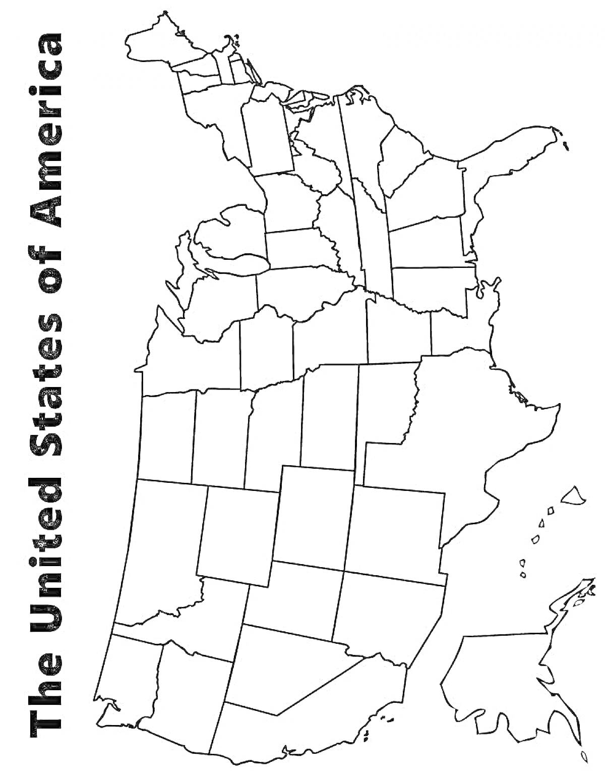 Раскраска Контурная карта США с подписями названий штатов 