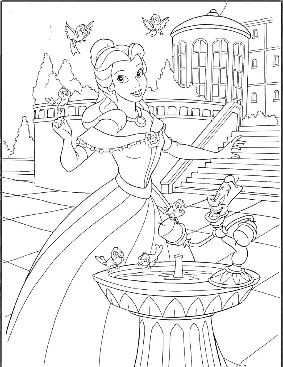 Раскраска Принцесса на фоне дворца, птиц и фонтанчика с ожившим канделябром