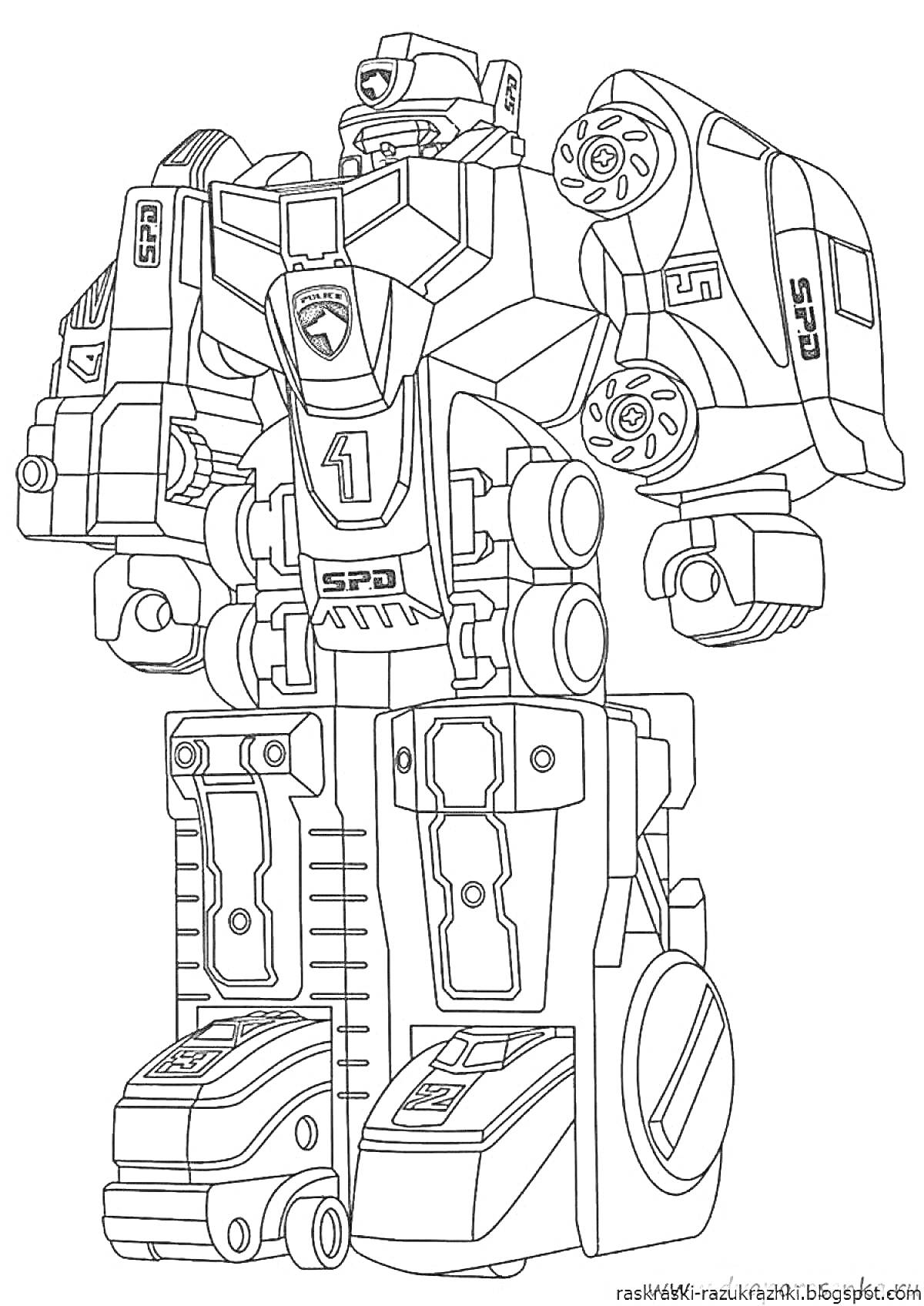 Раскраска Робот-трансформер с элементами автомобилей, номер 1 на груди