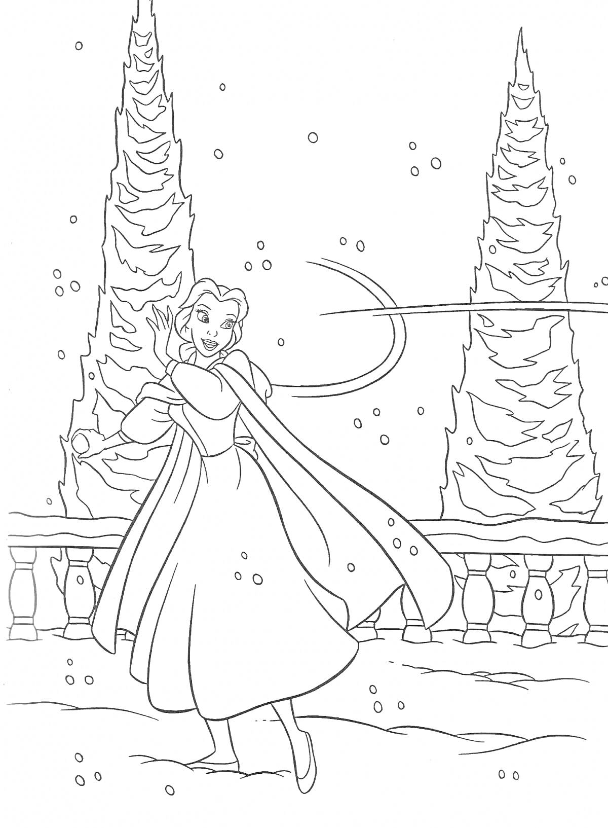 На раскраске изображено: Снежная королева, Зима, Снег, Ёлки, Природа, Девочка, Волшебство, Снегопад