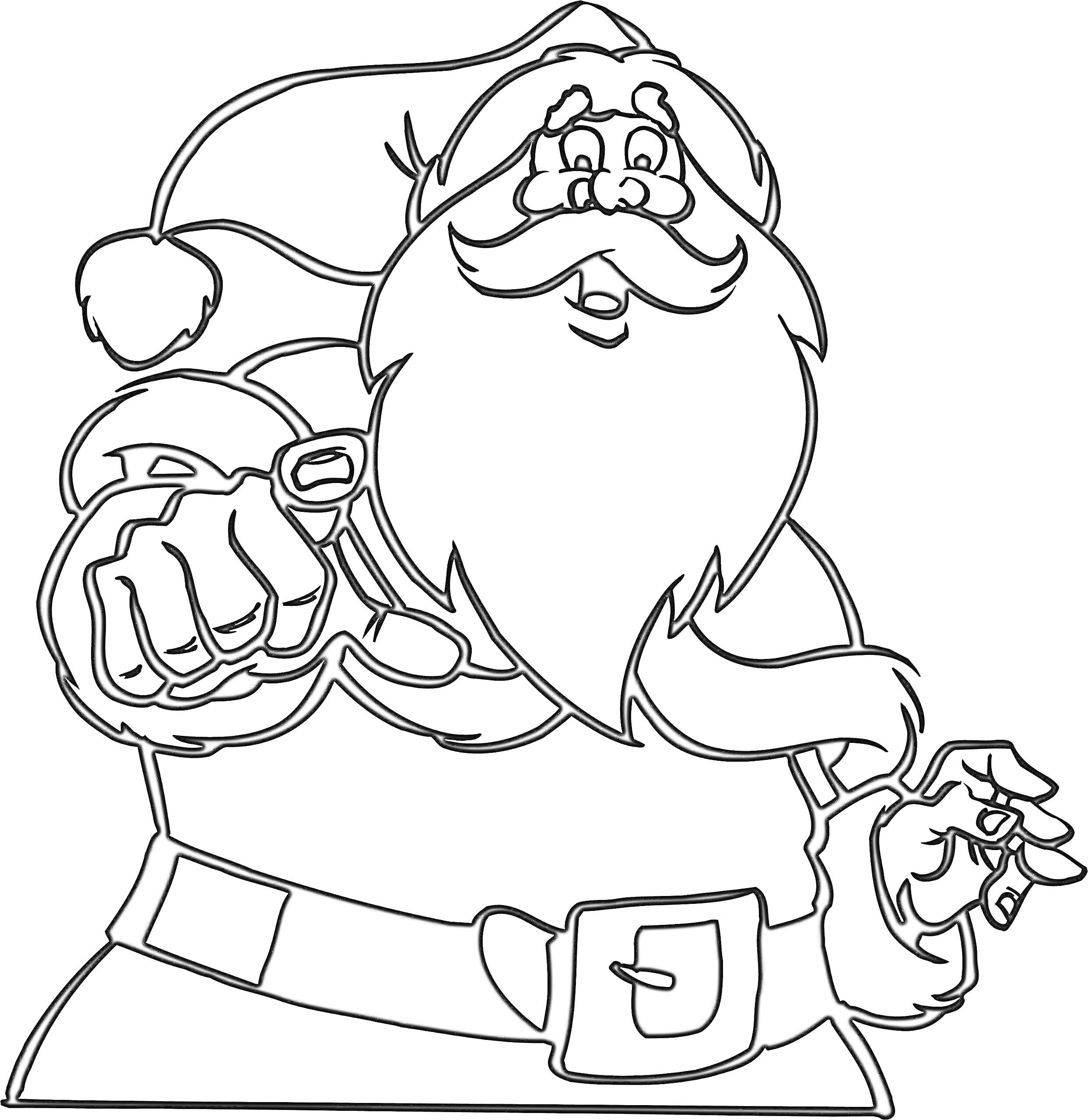 Санта Клаус в шапке, с бородой, ремнем и рукавицами, указывающий пальцем вперед