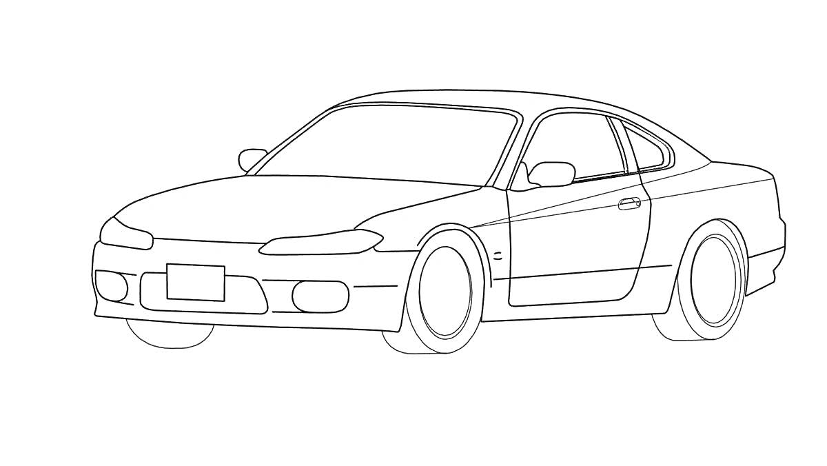 Раскраска Чёрно-белая раскраска автомобиля Ниссан Сильвия S15 с деталями кузова и колёсами