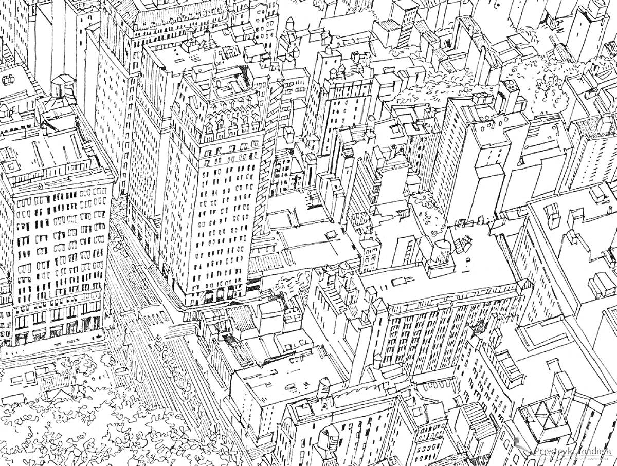 Раскраска Городские здания в стиле раскраски с видом сверху, множество высотных и низких строений, улицы, пересечения дорог, деревья