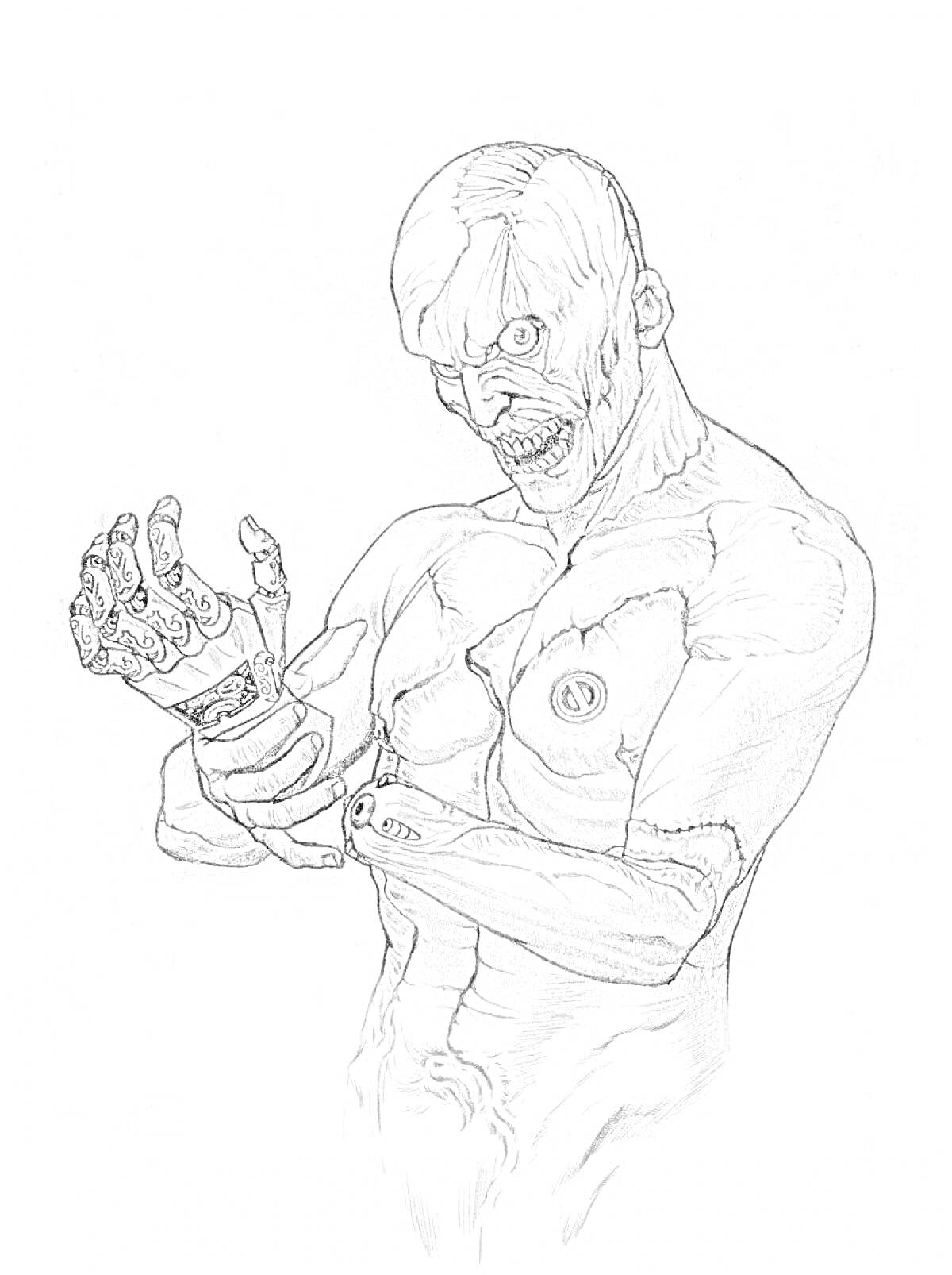 Раскраска Мускулистый гуманоид с немыслимым лицом и механической рукой