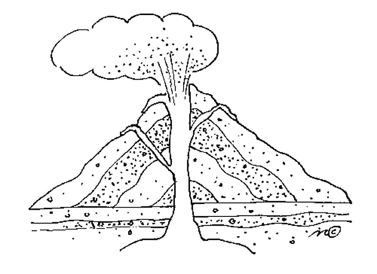 Раскраска Извержение вулкана с дымом и разрезом подземных слоев