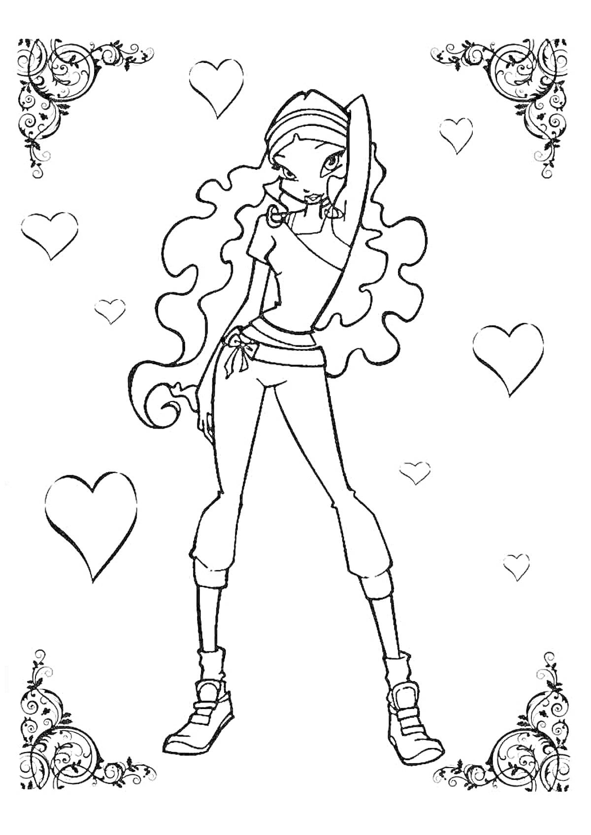 Раскраска Лейла с кудрявыми волосами и в спортивной одежде, окружена сердечками и декоративными узорами по углам