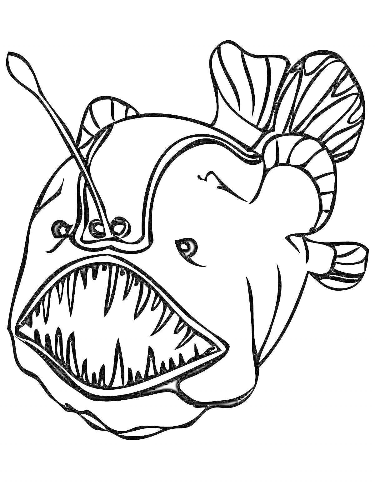 На раскраске изображено: Подводный мир, Морские животные, Большой рот, Плавники, Океаны, Рыба
