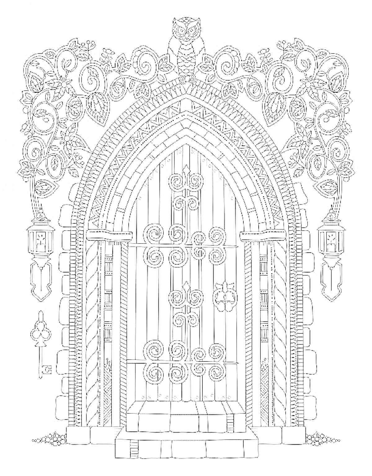 Раскраска Дверь с аркой, фонарь, узорчатые железные решетки, листья и сова наверху
