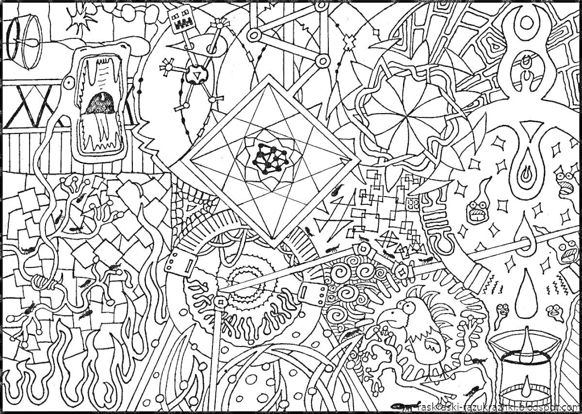 Абстрактная раскраска с множеством геометрических фигур, символов, кубика Рубика, спиралей, капель, резьбовых элементов и единственного улиткоподобного существа
