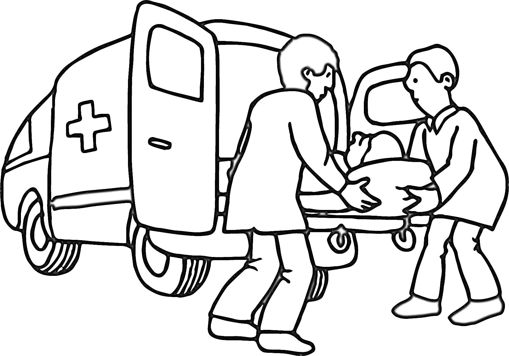 Раскраска Медицинские работники несут пациента на носилках к машине скорой помощи