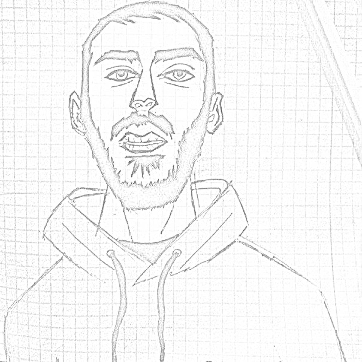 Портрет мужчины в худи, выполненный карандашом на миллиметровой бумаге