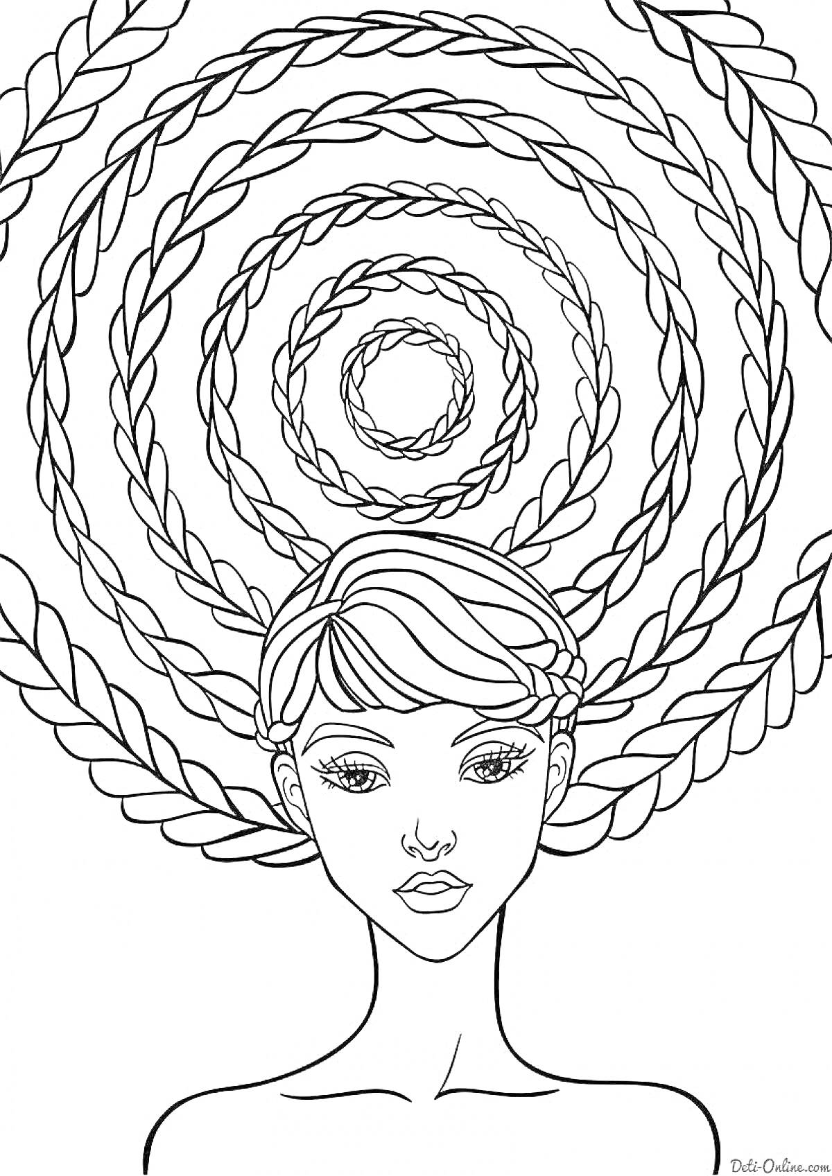 Раскраска Портрет девушки с короткими волосами на фоне кольцевых косичек