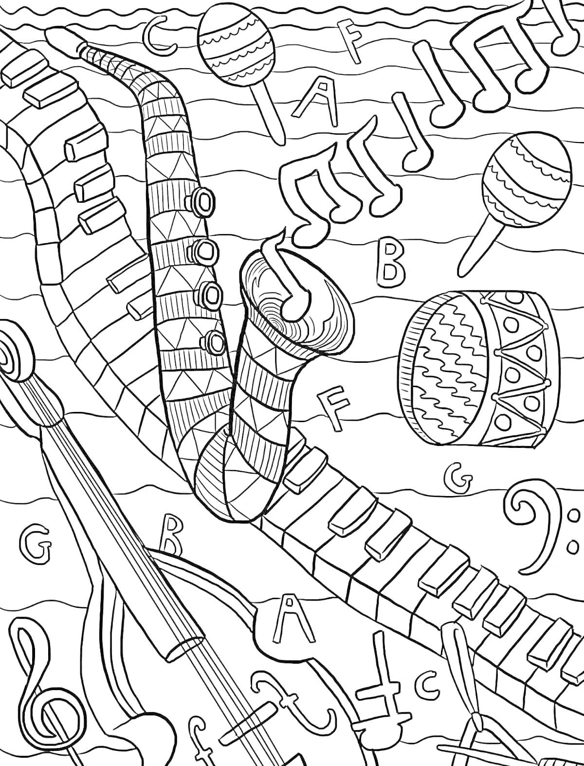 Раскраска Раскраска с изображением трубы, клавиш пианино, скрипки, барабана, маракасов, музыкальных нот и букв со значками