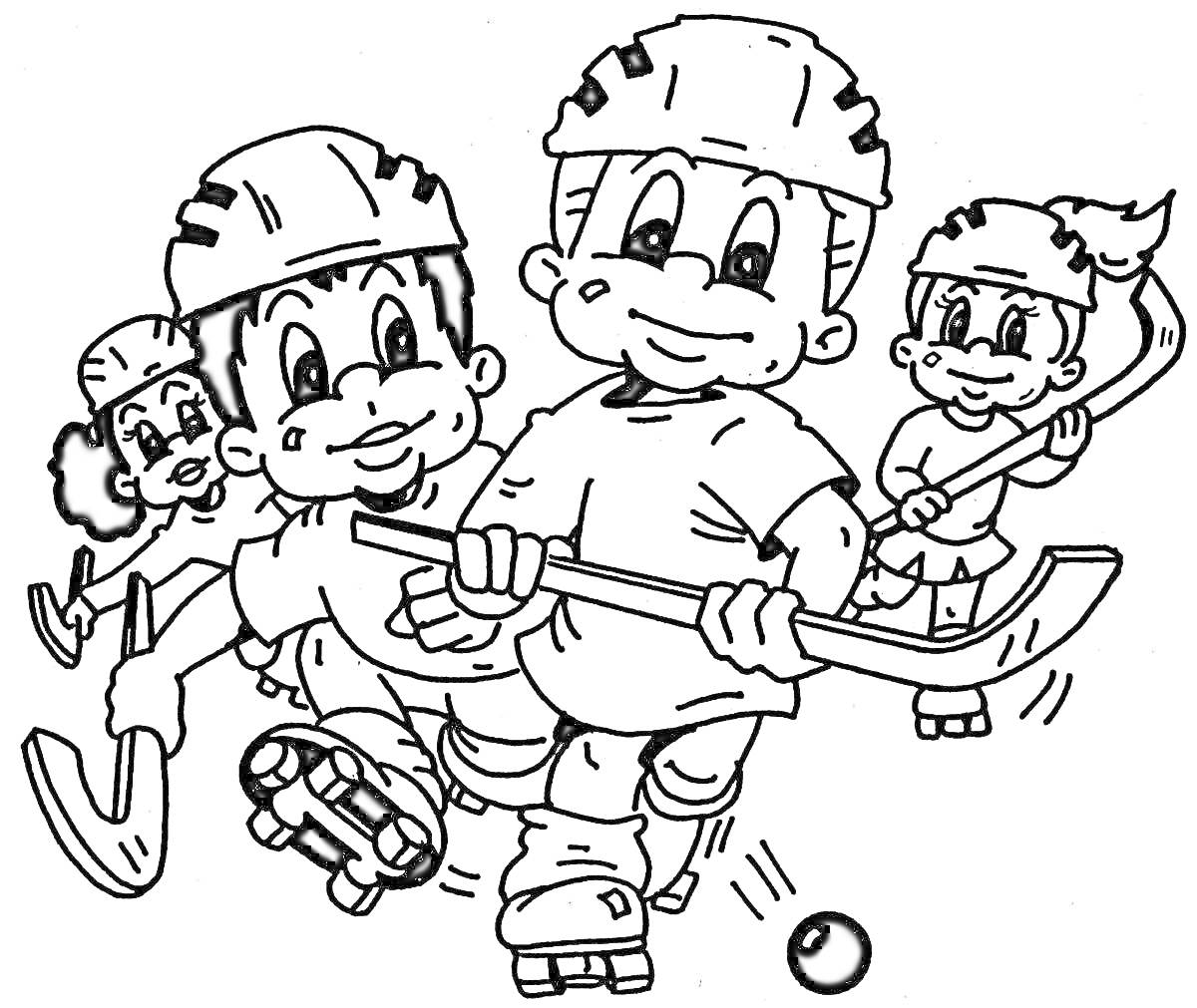 На раскраске изображено: Хоккей, Шлемы, Шайба, Игра, Спорт, Для детей, Клюшка, Роликовые коньки