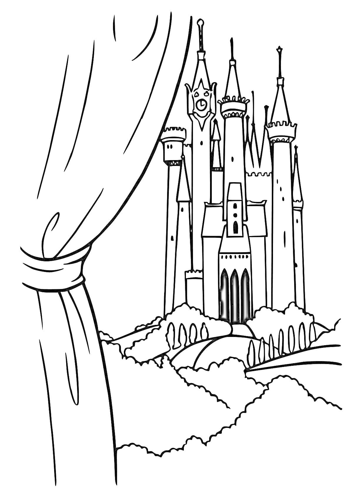 На раскраске изображено: Дворец, Снежная королева, Деревья, Холмы, Замок, Зима