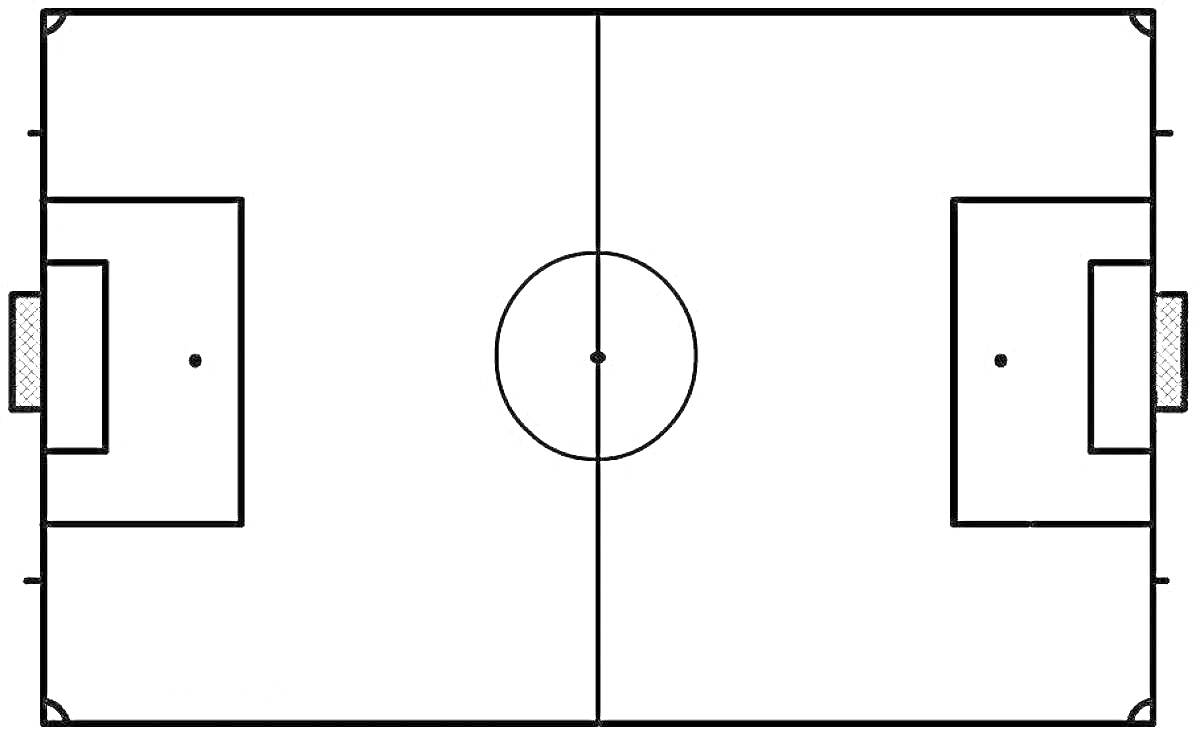 Раскраска Футбольное поле с воротами, центральной линией, центральным кругом и штрафными площадками.