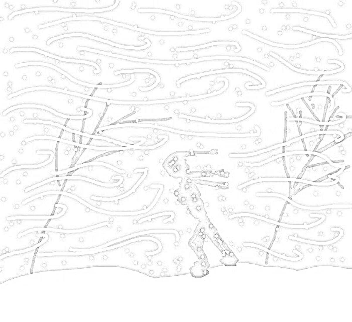 На раскраске изображено: Метель, Снег, Зима, Человек, Деревья, Вьюга, Пейзаж, Природа, Непогода