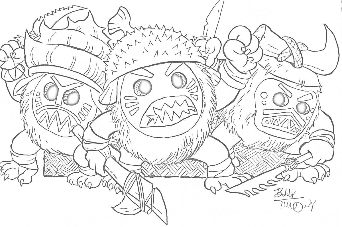 Раскраска Три краба в шлемах с оружием, рисунок из Моаны