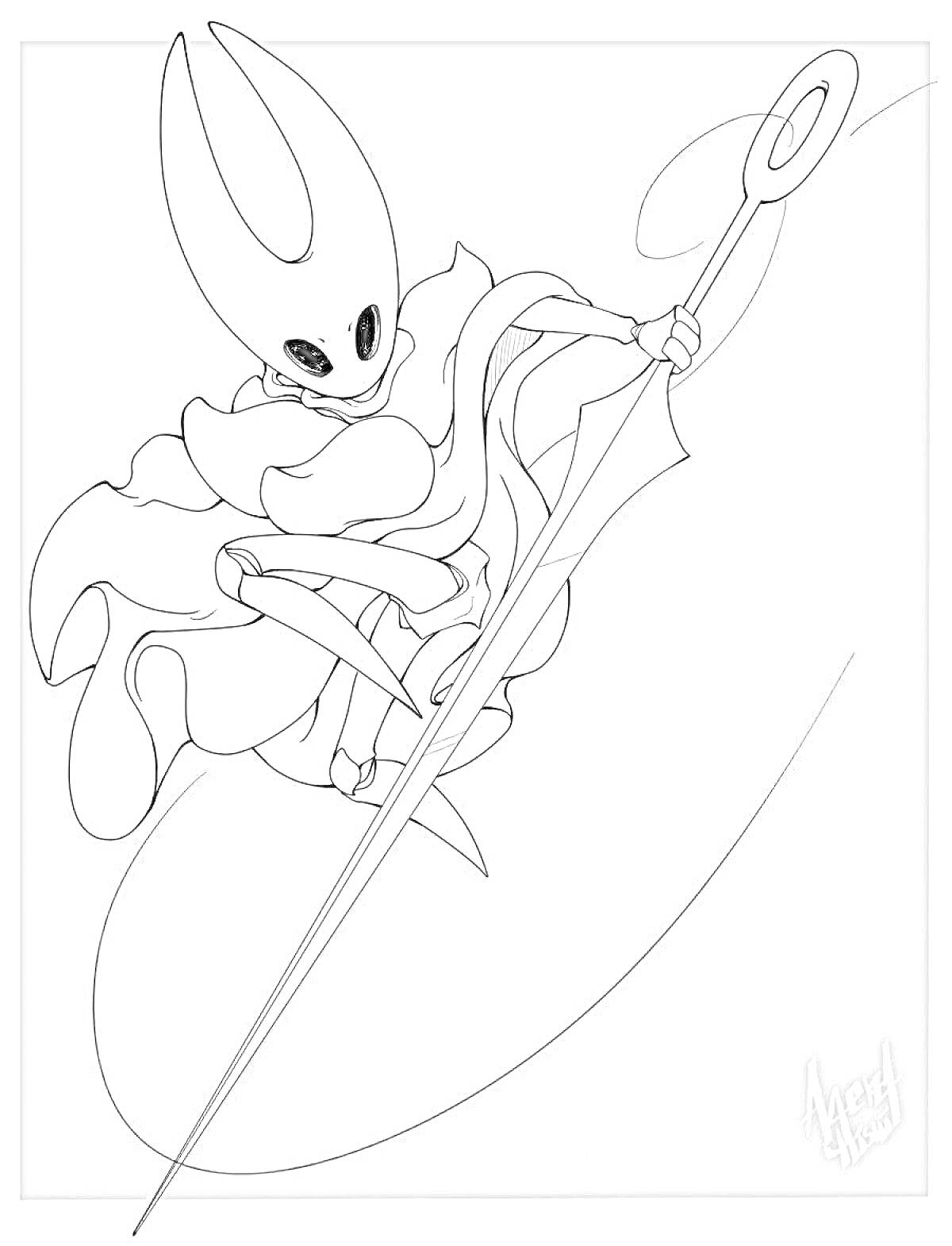 Раскраска Персонаж Hollow Knight в прыжке с длинным мечом