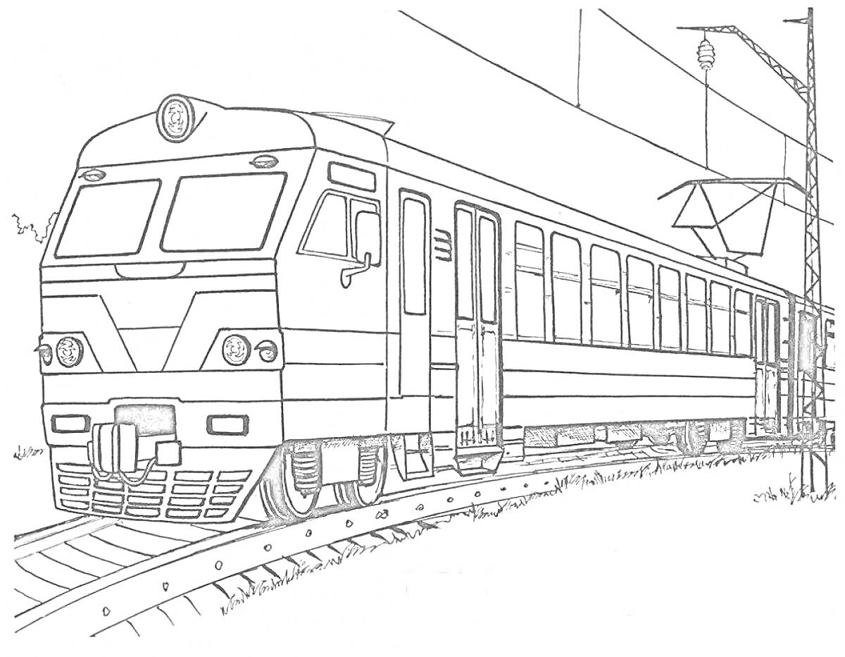 Раскраска Электропоезд на железной дороге с контактной линией и рядом стоящей опорой