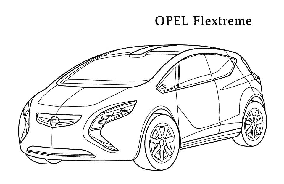 Opel Flextreme, автомобиль, передняя и боковая часть кузова, фары, колёса, окна, плавные линии дизайна