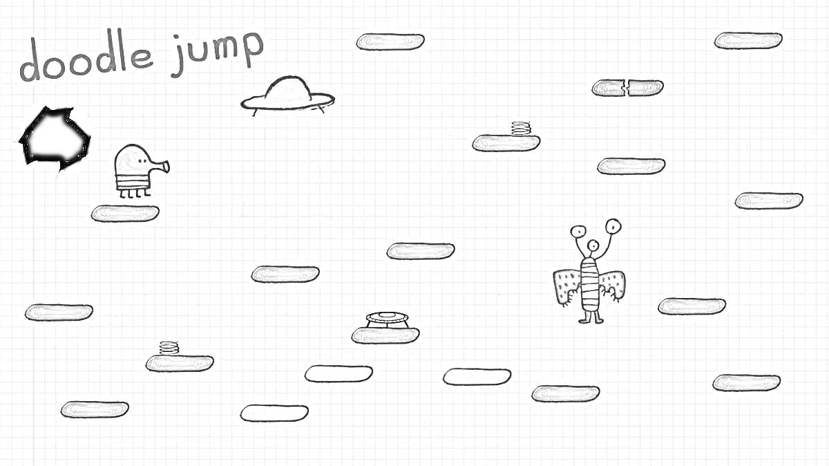 Раскраска Doodle Jump с персонажем, инопланетянином, платформами, летающей тарелкой, пружиной и нарисованным фоном