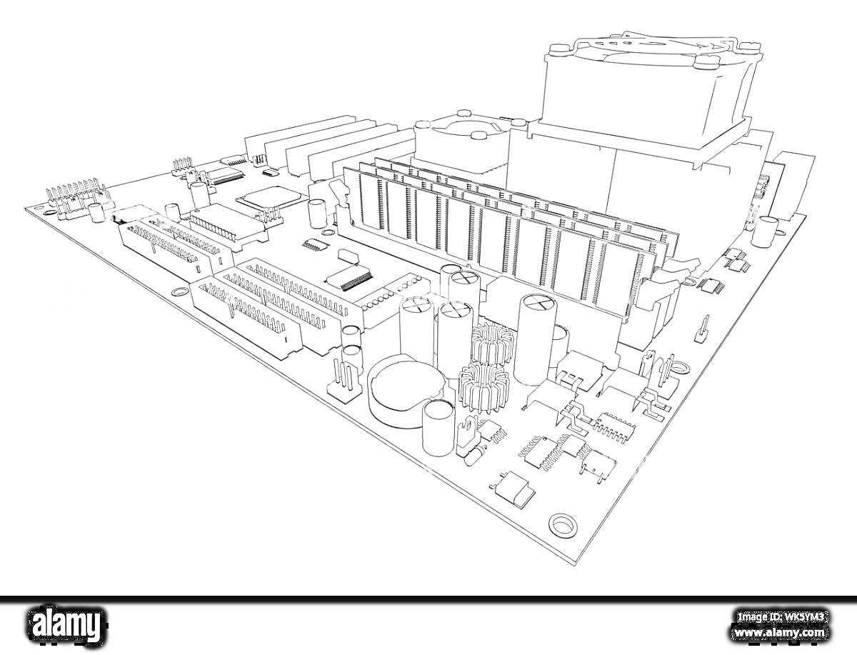 Раскраска Материнская плата с элементами: процессорный сокет, радиаторы охлаждения, слоты оперативной памяти, конденсаторы, разъемы расширения, разъемы питания.