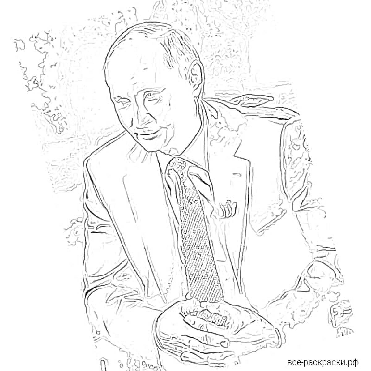 Раскраска Человек в костюме и галстуке, сложенные руки, абстрактный фон