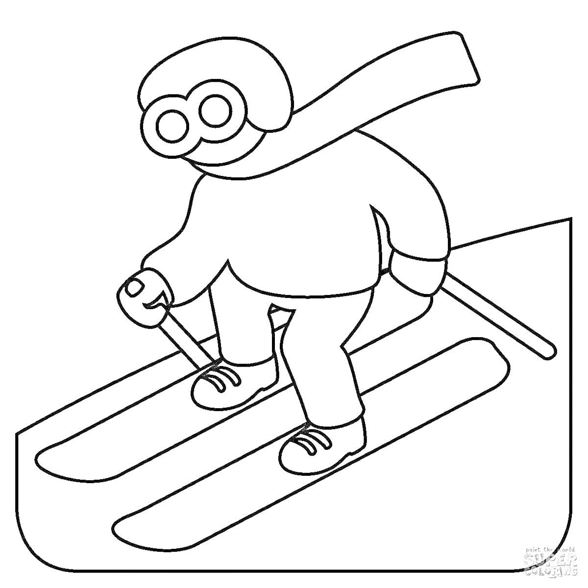 На раскраске изображено: Лыжник, Зима, Спорт, Лыжи, Палки, Шарф, Для детей, Шлемы