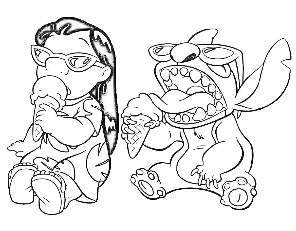 Раскраска Два персонажа Lilo & Stitch, сидящих на полу и поедающие мороженое