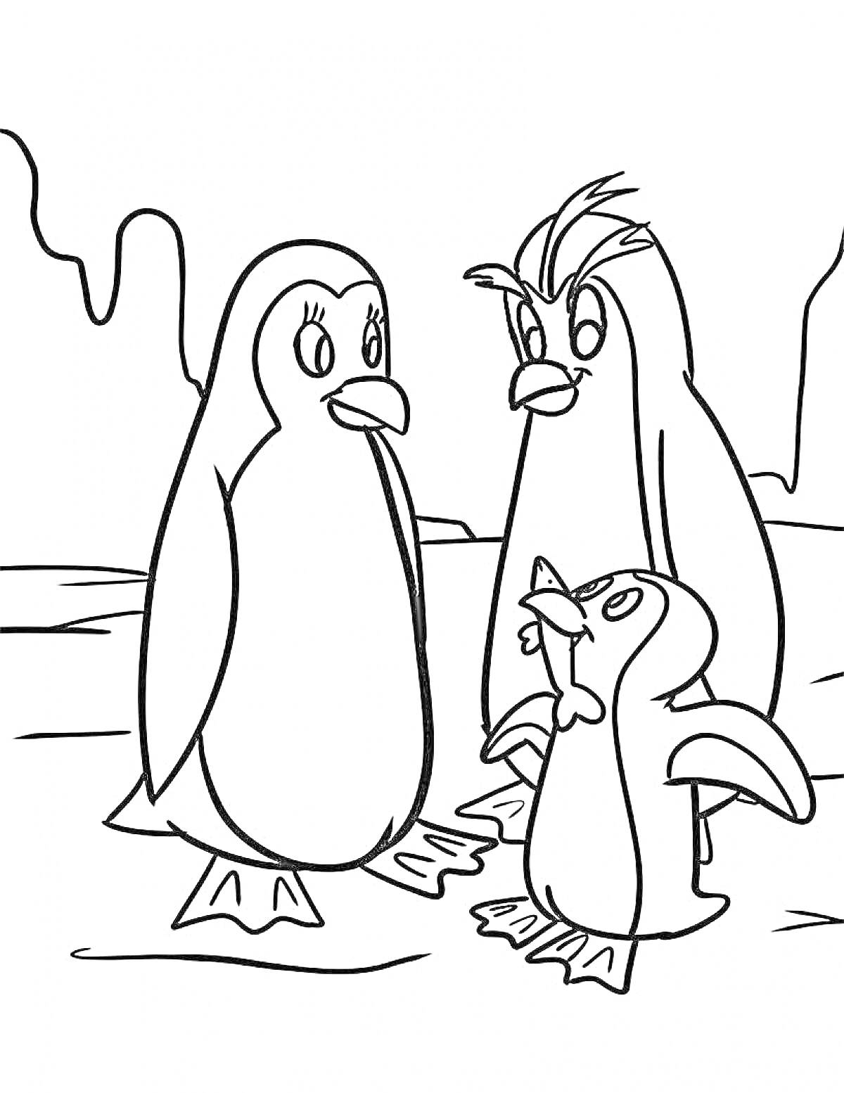 На раскраске изображено: Пингвины, Лед, Семья, Зимний пейзаж, Животные
