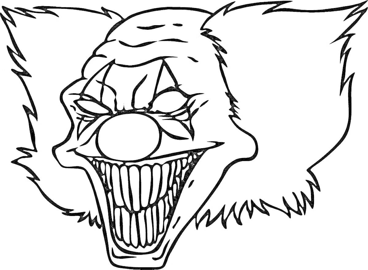 На раскраске изображено: Клоун, Страшный, Злобный, Ухмылка, Острые зубы, Ужас