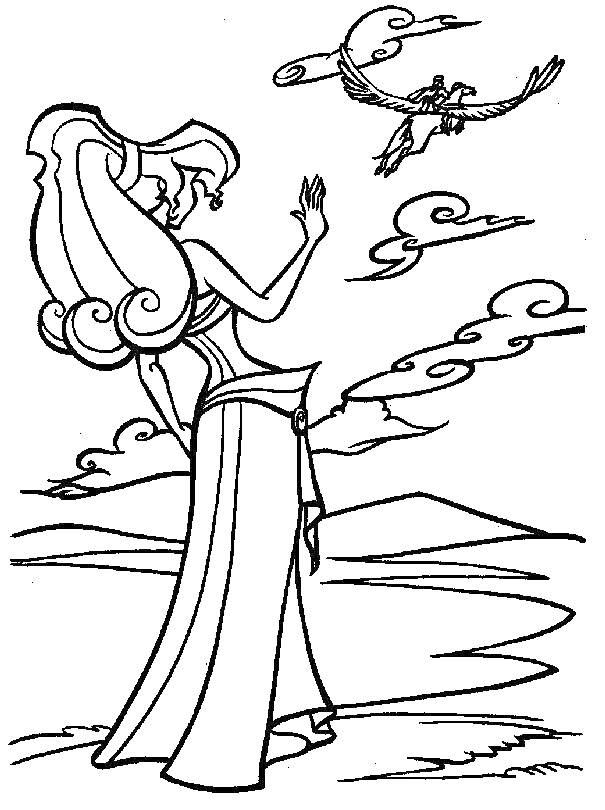 Раскраска Девушка в длинном платье, смотрящая на птицу в небе, облака и горы на заднем плане