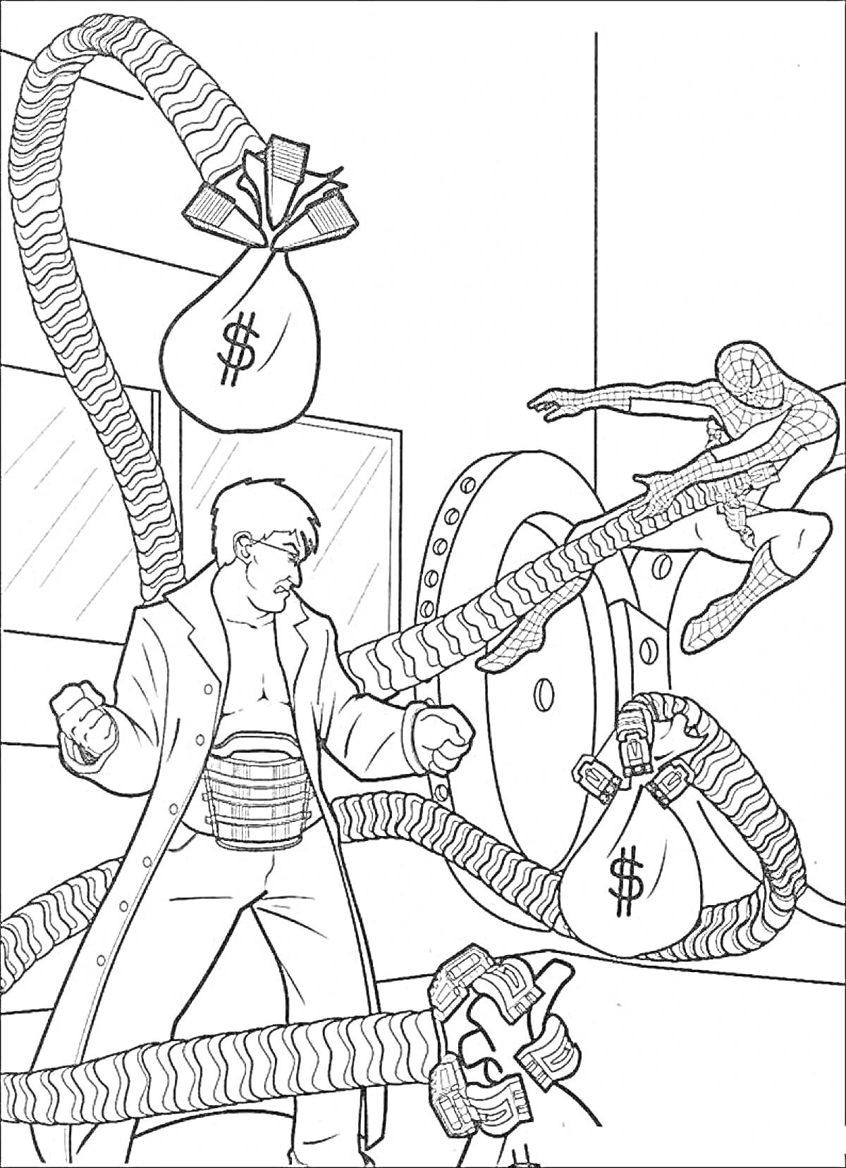 На раскраске изображено: Доктор осьминог, Человек-Паук, Сейф, Деньги, Бой, Герой, Щупальца, Банк, Преступление, Злодеи, Супергерои
